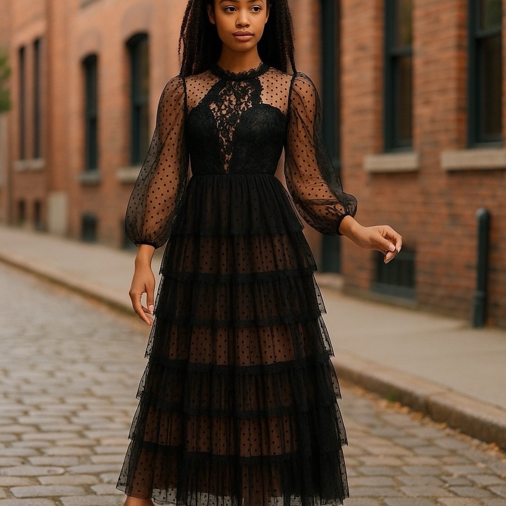 Black Sheer Tiered Polka Dot Midi Dress